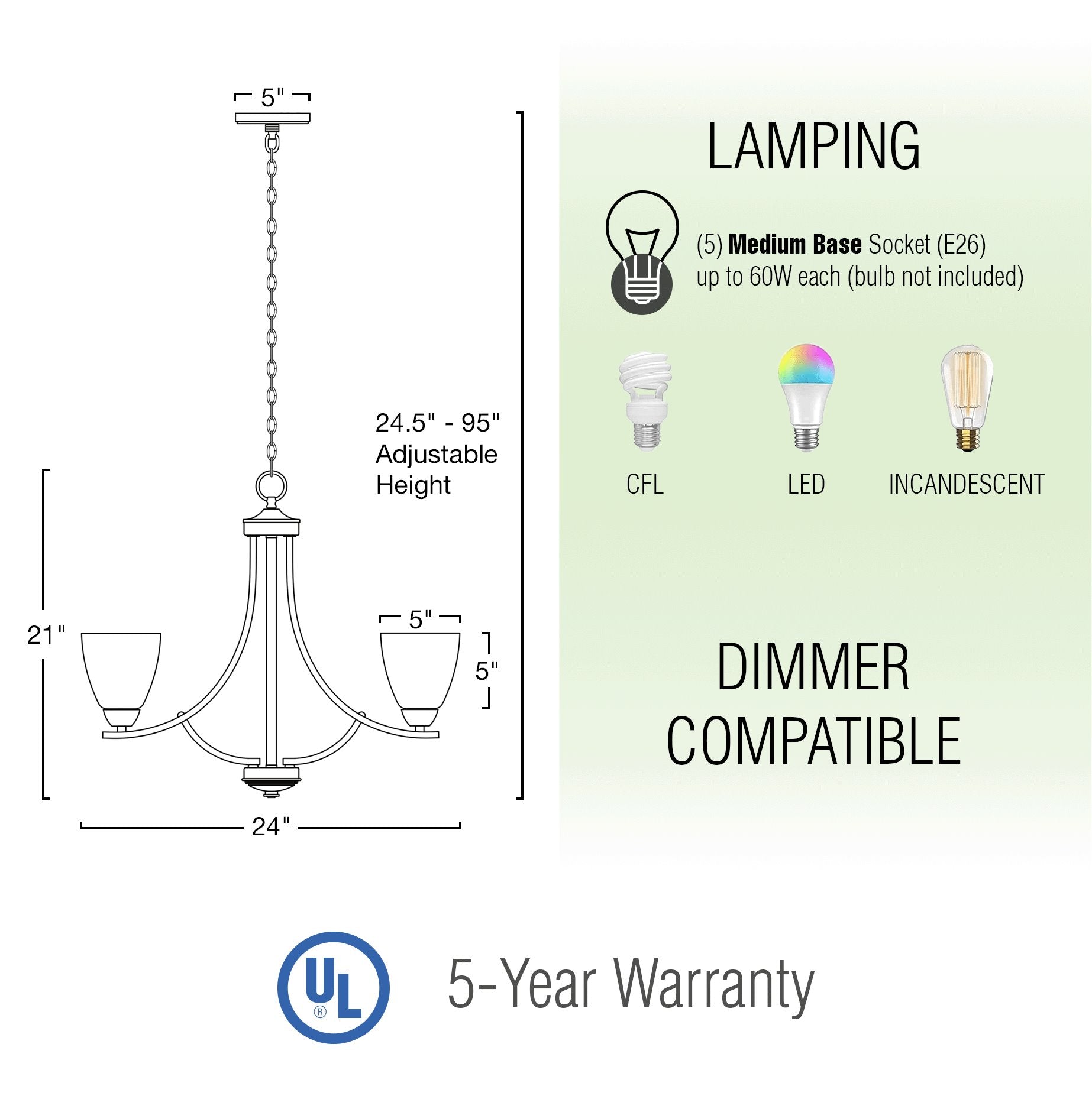 Kira Home Weston 24" 5-Light Hanging Chandelier + Alabaster Glass Shades, Adjustable Chain, Brushed Nickel