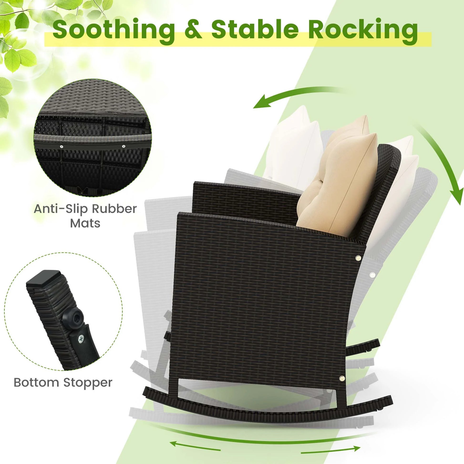 Costway 3 PCS Patio Wicker Rocking Set with Tempered Glass Table & Soft Cushions Outdoor Beige
