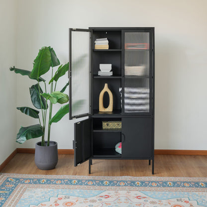 Tall 3-Shelf Steel Accent Cabinet with Fluted Glass and Upper & Lower Door-Black
