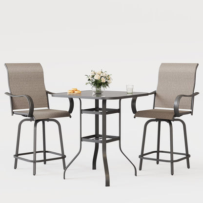 Poteban Patio Bar Height Table with Umbrella Hole, 2-Tier High Top Outdoor Bistro Table, Square Tempered Glass Metal Table for Patio, Lawn, Bar
