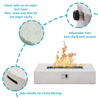 ESSENTIAL LOUNGER 56 inch Concrete Propane Fire Pit Table, 50,000 BTU Outdoor Firepit Rectangular Table for Garden& Patio, with Propane Tank Metal Stand, Fire Glass Beads and Waterproof Cover, White