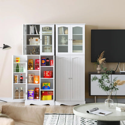 Homfa Kitchen Food Pantry Cabinet, 63.5'' Tall Storage Cabinet with Frosted Glass Doors and Adjustable Shelves, White