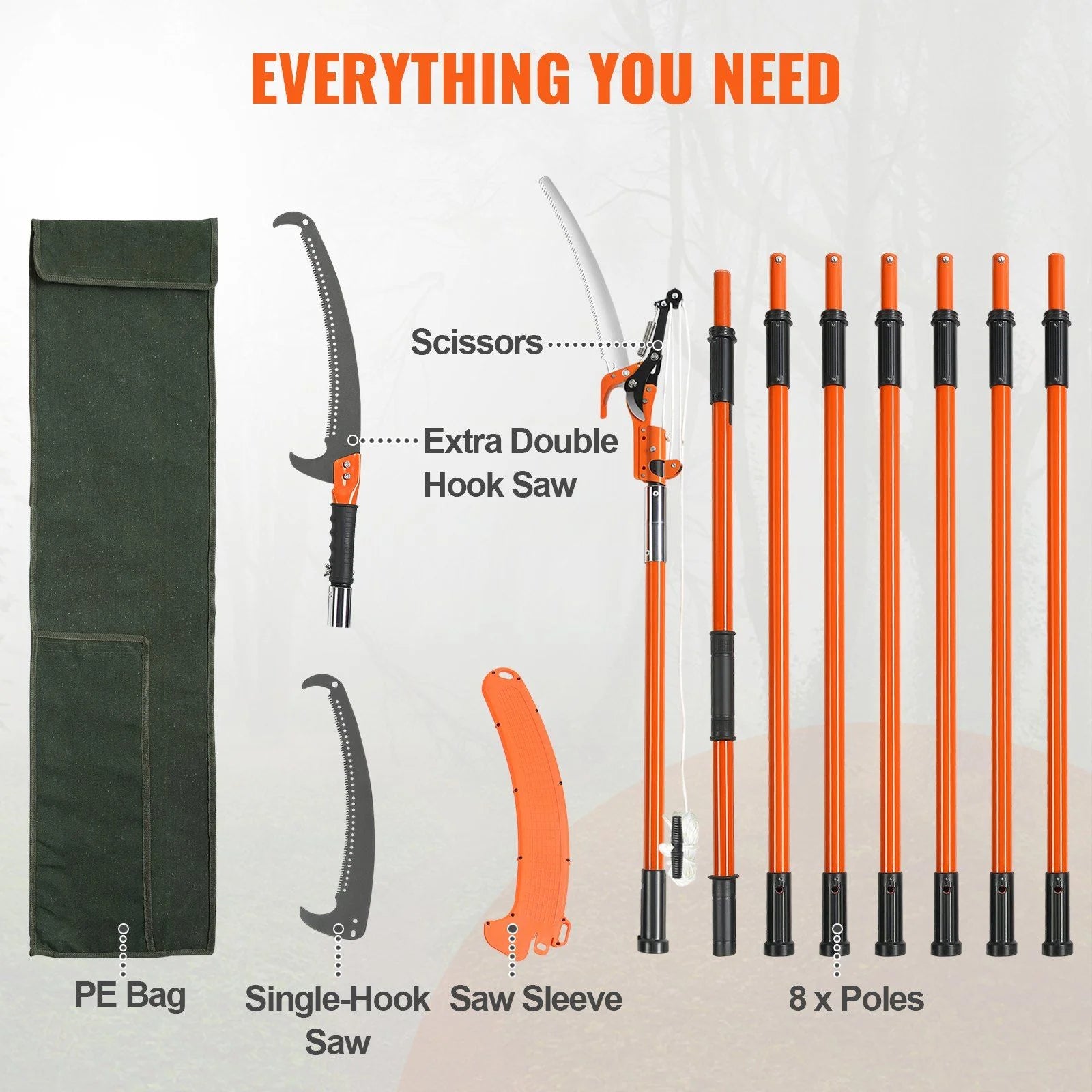 Telescopic pole saw trimmer 7.3-27 FT, manual tree trimmer with sharp steel knife and lightweight fiberglass handle for cutting tall branches, palms and shrubs