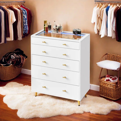 JanflyHome Drawer Dresser with LED Lights, Glass Top, Dresser with 5 Drawers Modern Storage Cabinet for Adult
