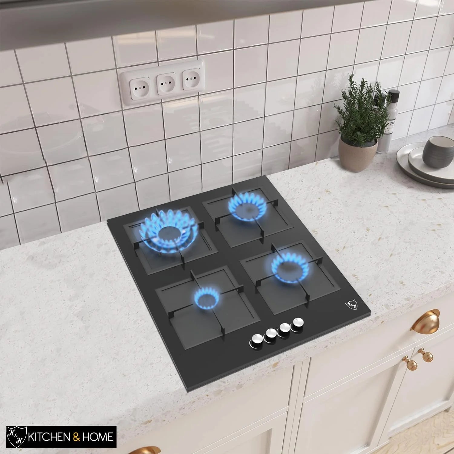 K& H 4 Burner 24 Inch Built-in LPG/Propane Gas Stove Top Glass Surface Cast Iron Cooktop UL/ETL Certified 4-GCW-LPG