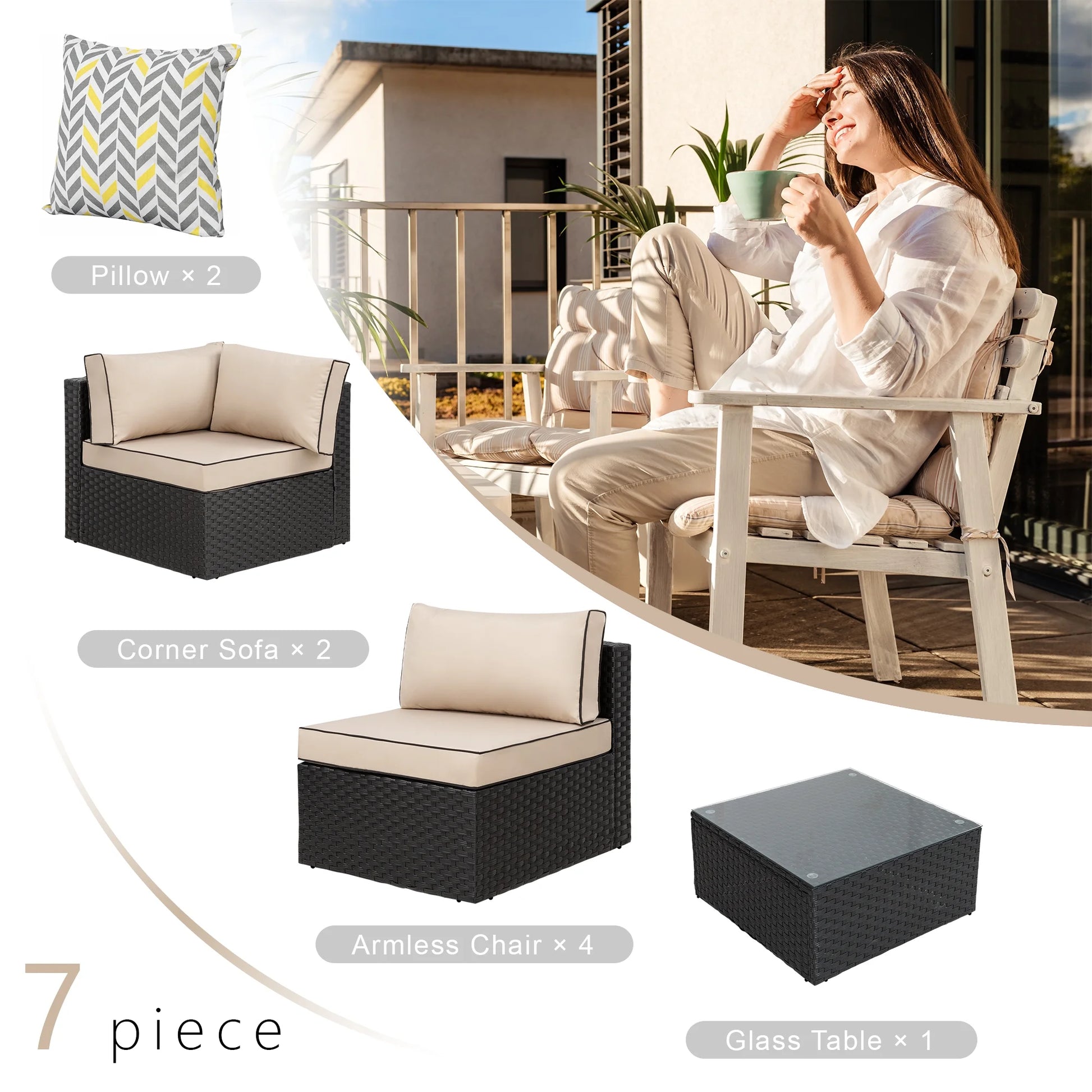 Walsunny 7 Piece Outdoor Patio Conversation Set, Rattan Sectional Sofa Set, All-Weather Outdoor Modern Sectional Furniture Wicker Couch with Glass Coffee Table,Navy Blue