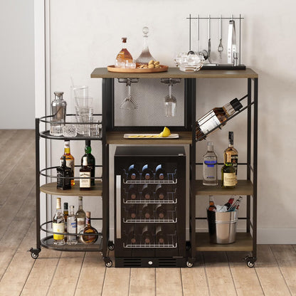 Bar Cart, Home Bar Service Cart with Wine Rack and Glass Holder, Kitchen Cart with Rolling Wheels, Metal Bar Rack with 7 Tiers Storage for Home, Kitchen, Living Room, Dining Room (Brown)