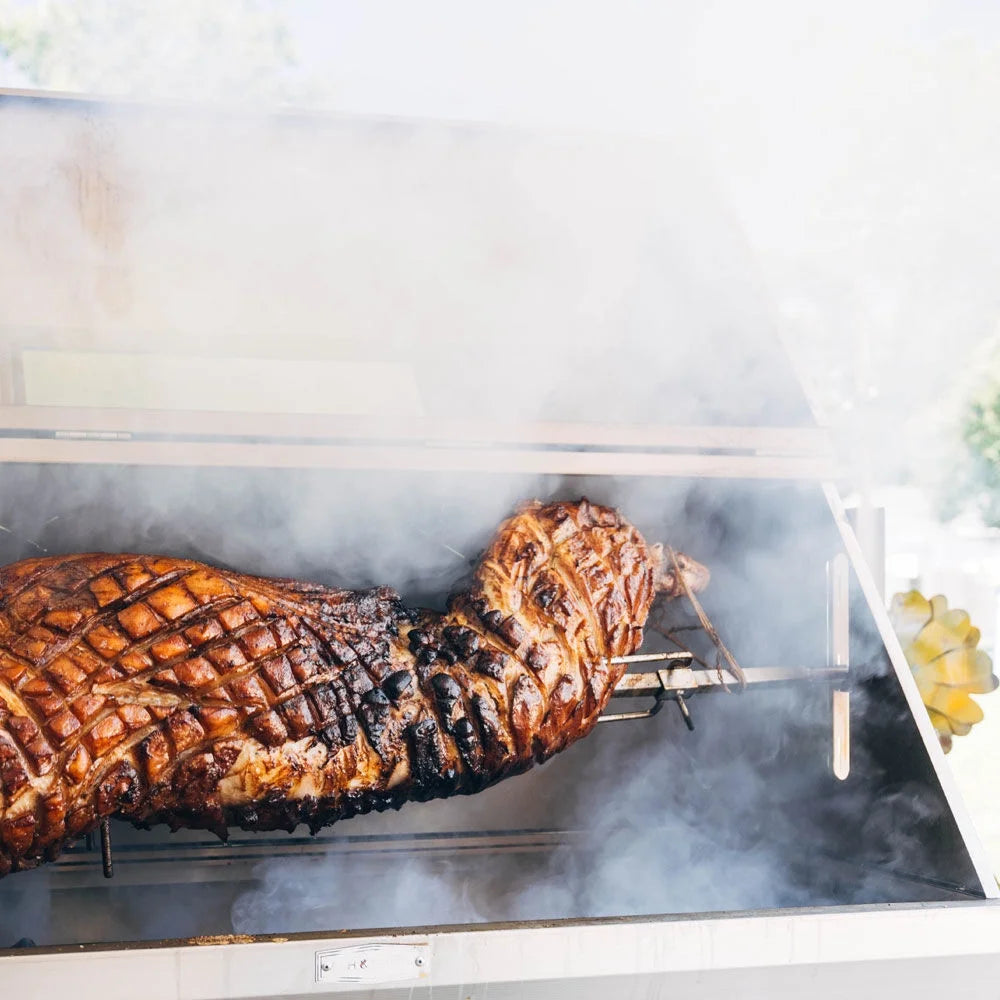 Ash & Ember 13W Stainless Steel BBQ Rotisserie Grill with Hooded Cover Glass Window, 4 RPM Rotation Speed, Rated 85 LB for Medium Game
