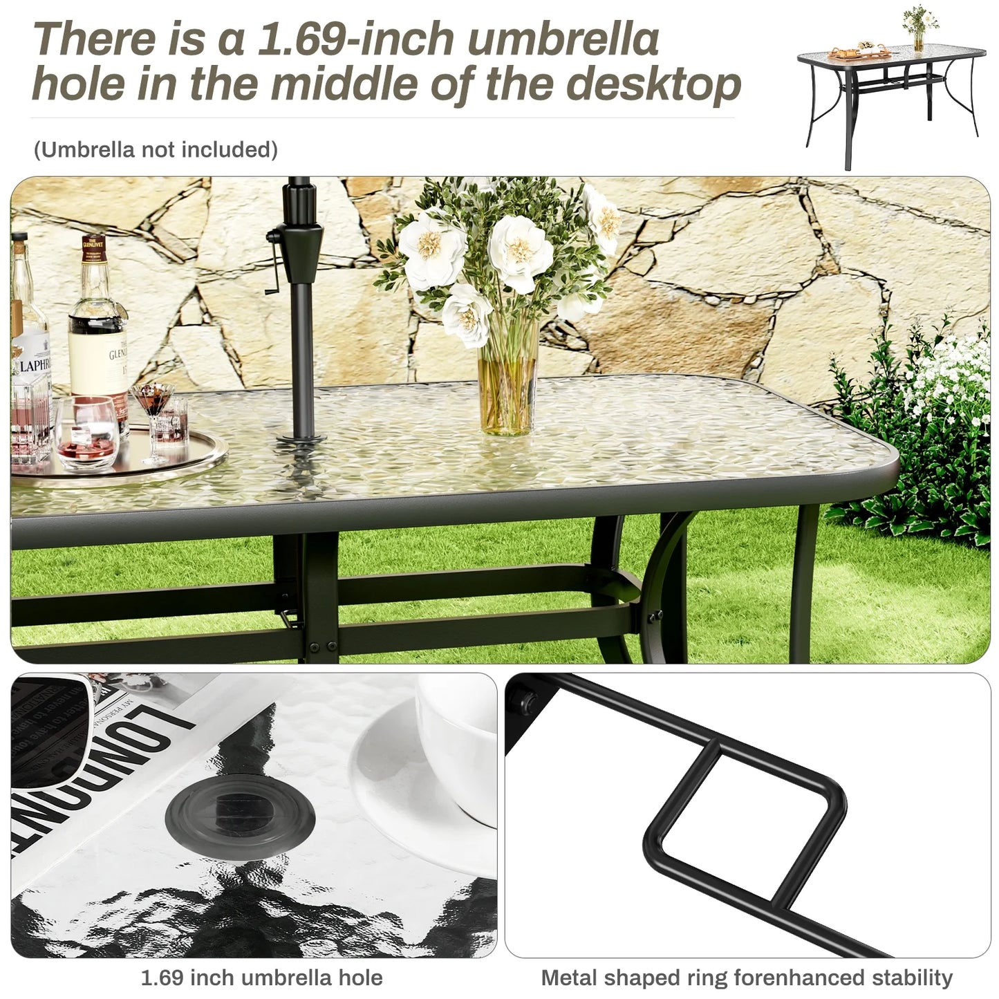 Pirecart Outdoor Glass Table with Umbrella Hole, Patio Dining Table for 6, for Garden, Balcony, Backyard, Poolside, Lawn, Gray