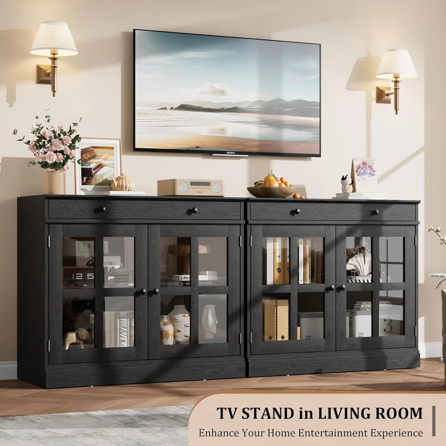 35.4" Sideboard Buffet Cabinets with Storage, Kitchen Coffee Bar Cabinet with Glass Door, Modern Sideboard Buffet with Drawer, White Sideboard Cabine for Living Room, Dining Room, Kitchen