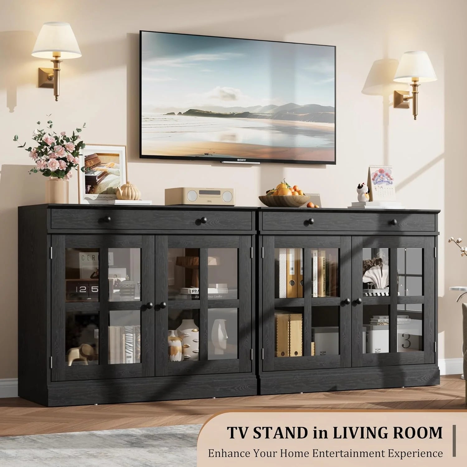 35.4" Sideboard Buffet Cabinets with Storage, Kitchen Coffee Bar Cabinet with Glass Door, Modern Sideboard Buffet with Drawer, White Sideboard Cabine for Living Room, Dining Room, Kitchen