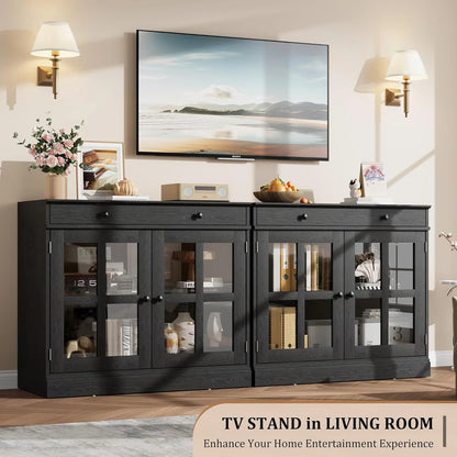 35.4" Sideboard Buffet Cabinets with Storage, Kitchen Coffee Bar Cabinet with Glass Door, Modern Sideboard Buffet with Drawer, White Sideboard Cabine for Living Room, Dining Room, Kitchen