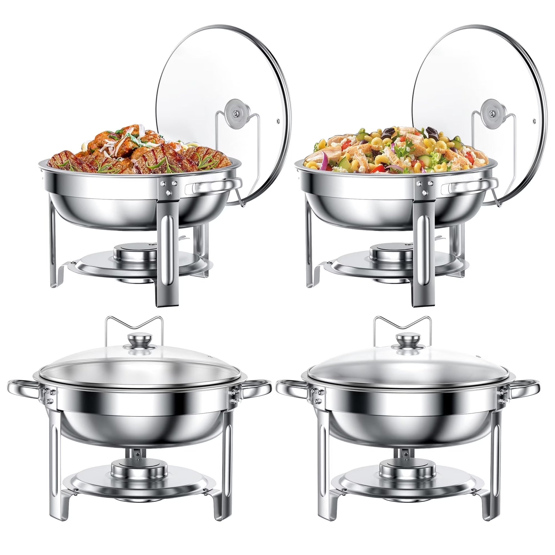 Chafing Dish Buffet Set 4 Pack: TINANA 5QT Stainless Steel Chafing Dishes with Glass Lid & Lid Holder, Round Food Warmers for Parties, Events, Wedding-Gold