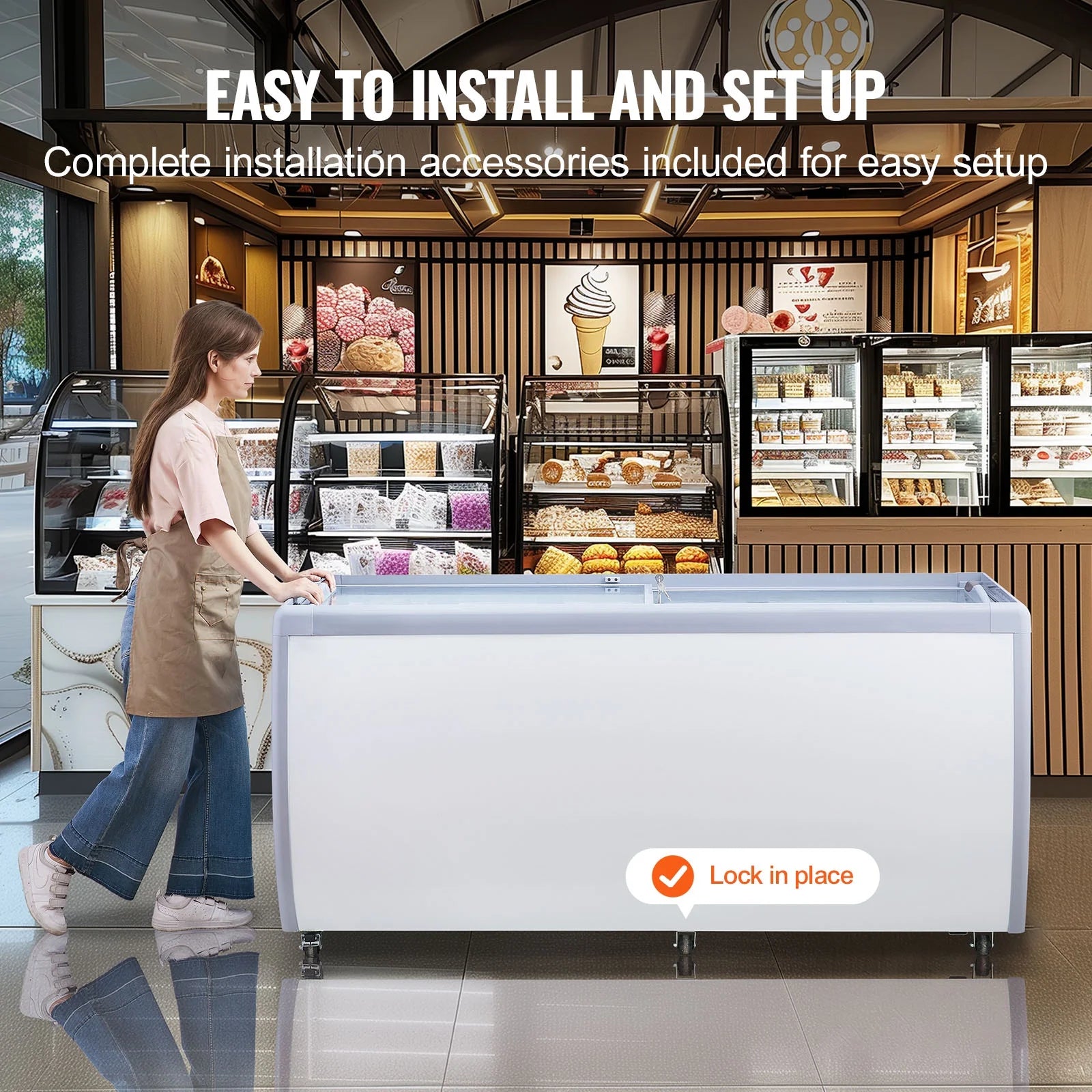 KFFKFF Professional Ice Cream Showcase, 20 Cu.ft Storage Freezer, Portable Transparent Lid Deep Freezer, Diner Sorbet Serving Cabinet with 12 Spacious Tubs,Dual Slide Glass Doors,Secure Casters,White