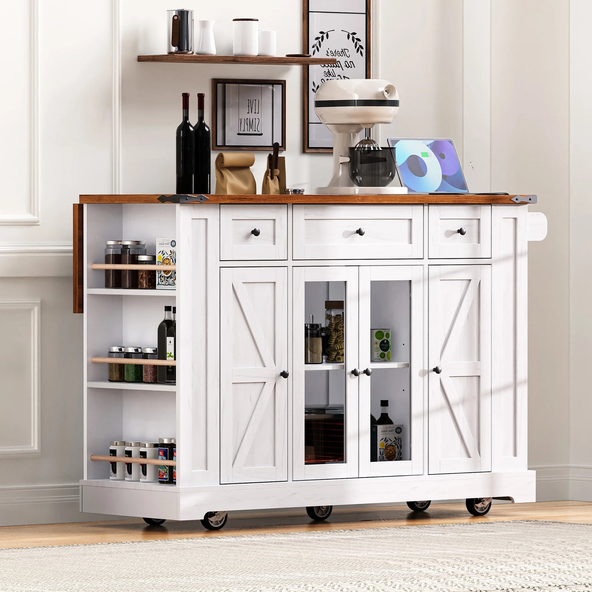 Euroco 53'' Farmhouse Kitchen Island with Two Tempered Glass Cabinet DoorsRolling Kitchen Cart on Wheels