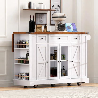 Euroco 53'' Farmhouse Kitchen Island with Two Tempered Glass Cabinet DoorsRolling Kitchen Cart on Wheels