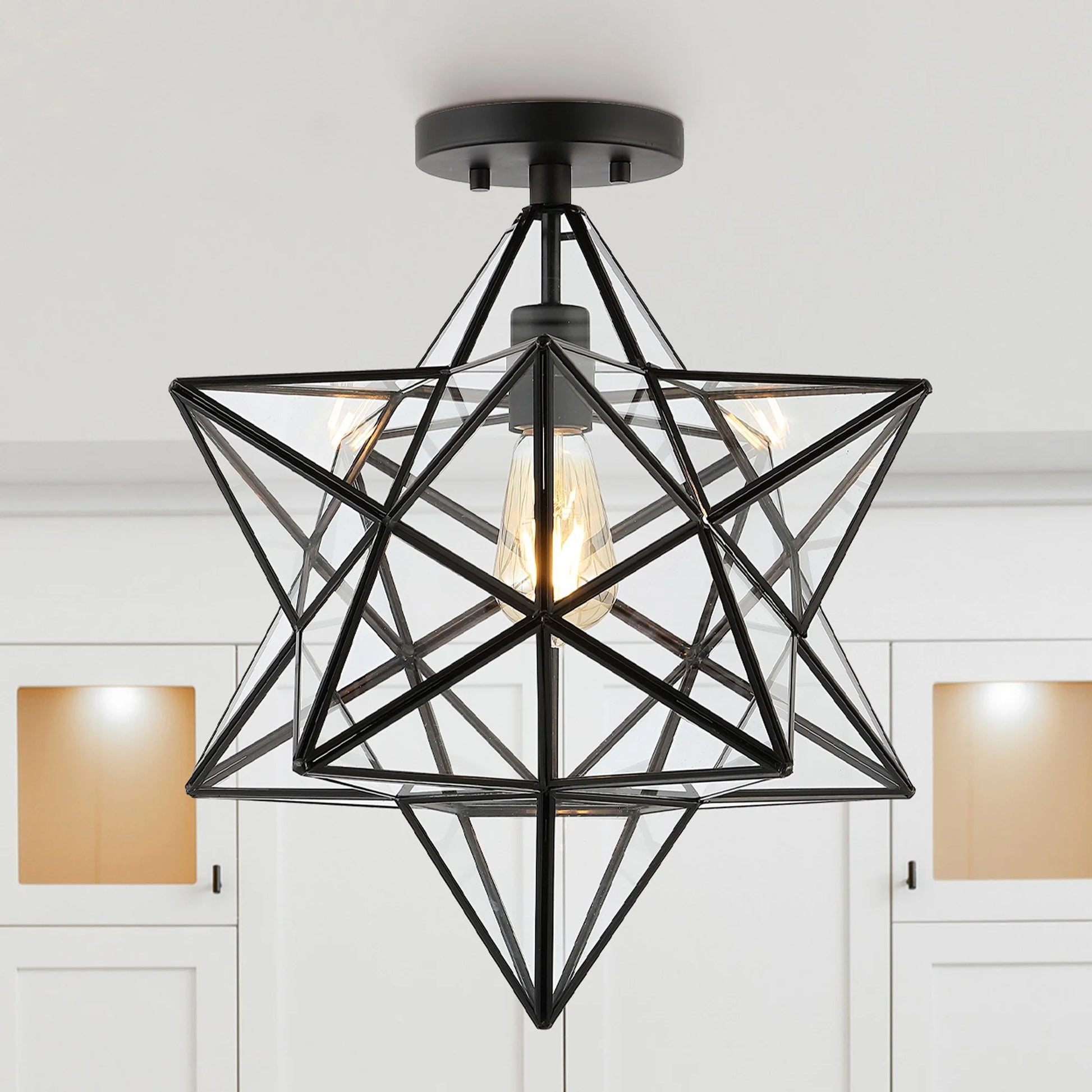 JONATHAN Y Ava 14.5" 1-Light Farmhouse Bohemian Iron/Glass LED Semi Flush Mount, Black/Clear