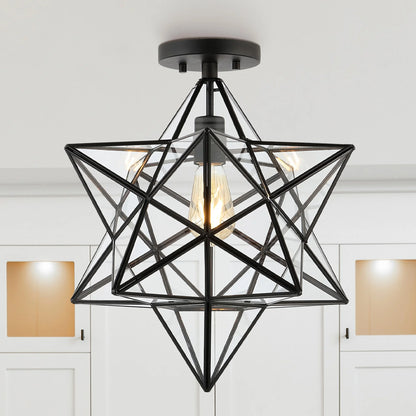 JONATHAN Y Ava 14.5" 1-Light Farmhouse Bohemian Iron/Glass LED Semi Flush Mount, Black/Clear