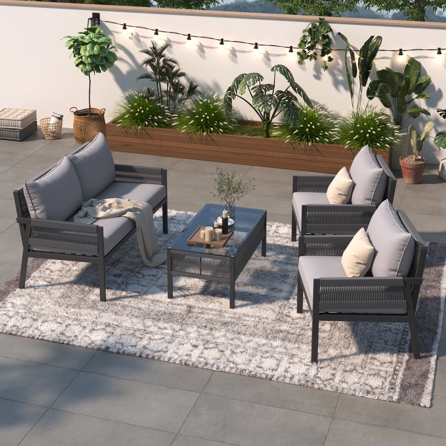 Segmart Wicker Patio Furniture Sets, 4-Piece Rope Patio Furniture Set with Tempered Glass Table, Outdoor Deep Seating Conversation Set with Thick Cushions for Backyard, Porch, Balcony