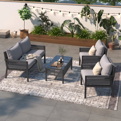 Segmart Wicker Patio Furniture Sets, 4-Piece Rope Patio Furniture Set with Tempered Glass Table, Outdoor Deep Seating Conversation Set with Thick Cushions for Backyard, Porch, Balcony