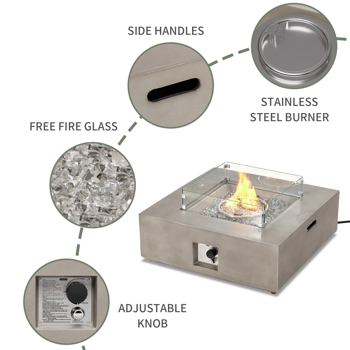 COSIEST 35" Square Concrete Fire Pit Table with Fire Glass & Wind Guard