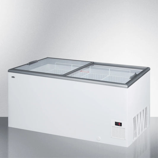 Flat top commercial ice cream freezer with sliding glass lid, digital thermostat, novelty baskets, and 16.6 cu.ft. capacity