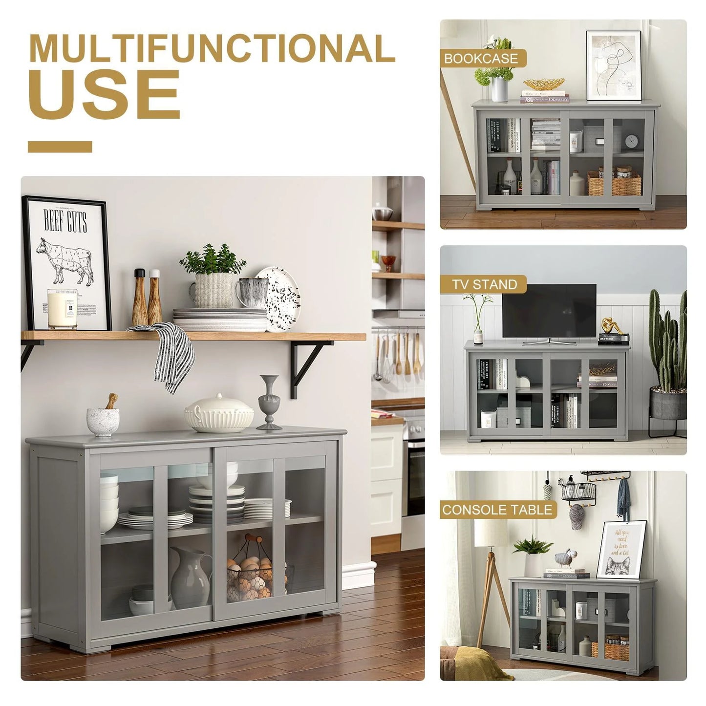 Giantex Stackable Buffet Cabinet, Kitchen Storage Cabinet with Sliding Tempered Glass Doors, Small Sideboard for Kitchen, Dining Room or Living Room, Grey