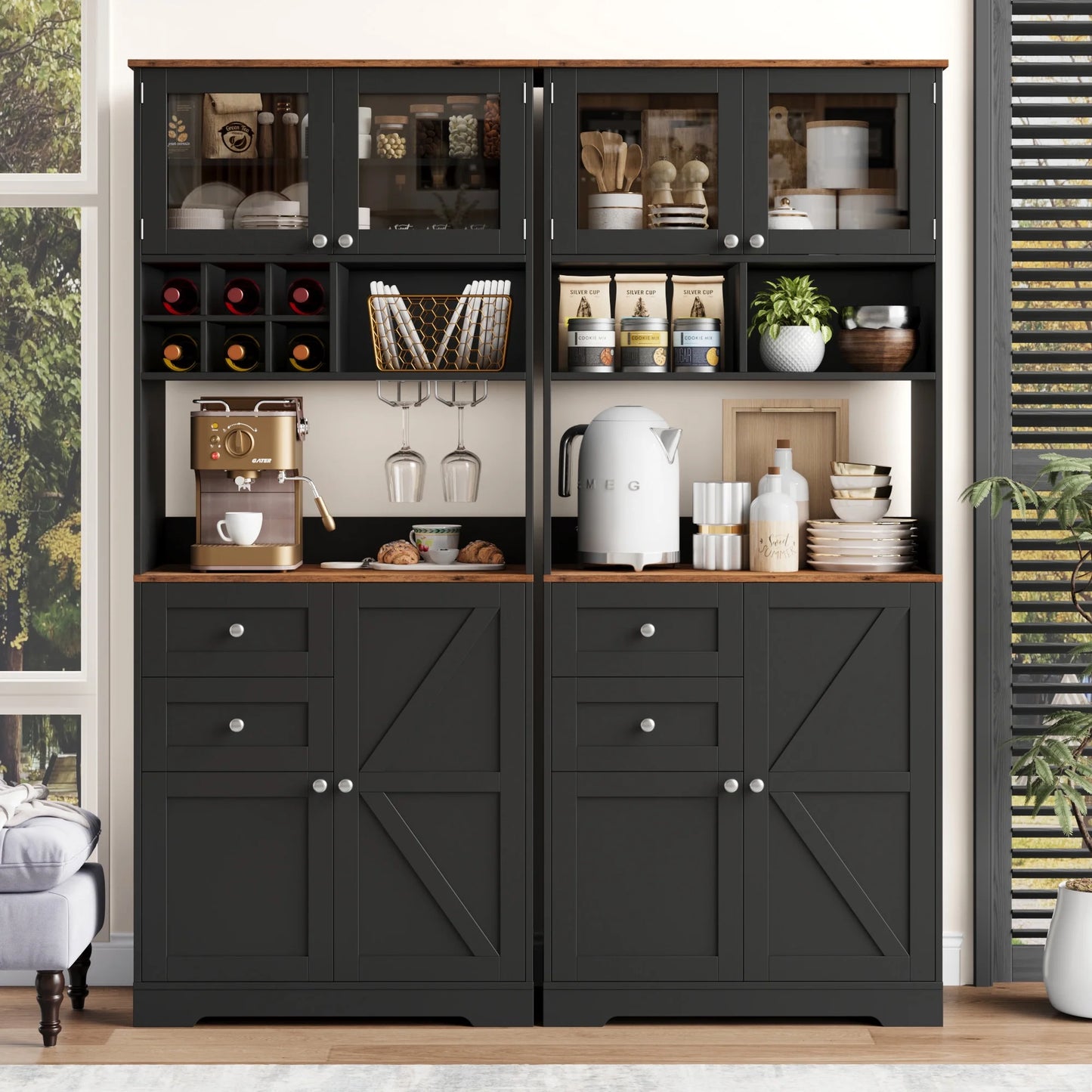 Homfa 75.2'' Kitchen Pantry Storage Cabinet with Wine Rack & Adjustable Shelf, 2 Drawer Modern Farmhouse Buffet with Glass Door for Dining Room Living Room, Black