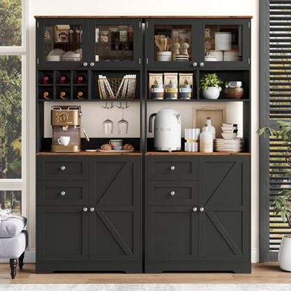 Homfa 75.2'' Kitchen Pantry Storage Cabinet with Wine Rack & Adjustable Shelf, 2 Drawer Modern Farmhouse Buffet with Glass Door for Dining Room Living Room, Black
