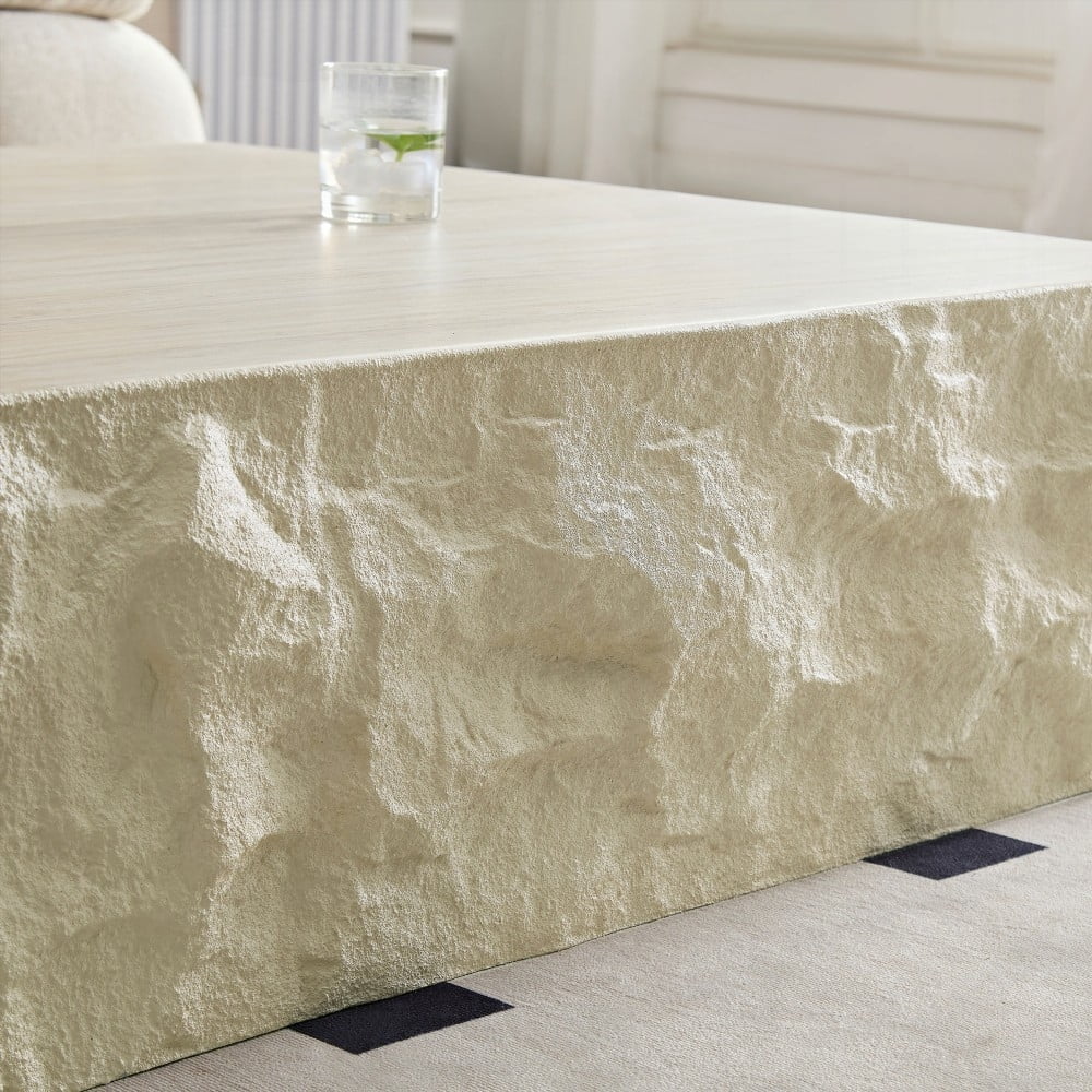 Fiberglass Square Coffee Table for Living Room, Imitation Stone Tabletop, No Assembly