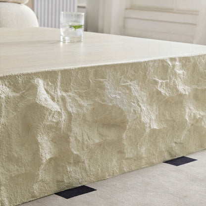 Fiberglass Square Coffee Table for Living Room, Imitation Stone Tabletop, No Assembly