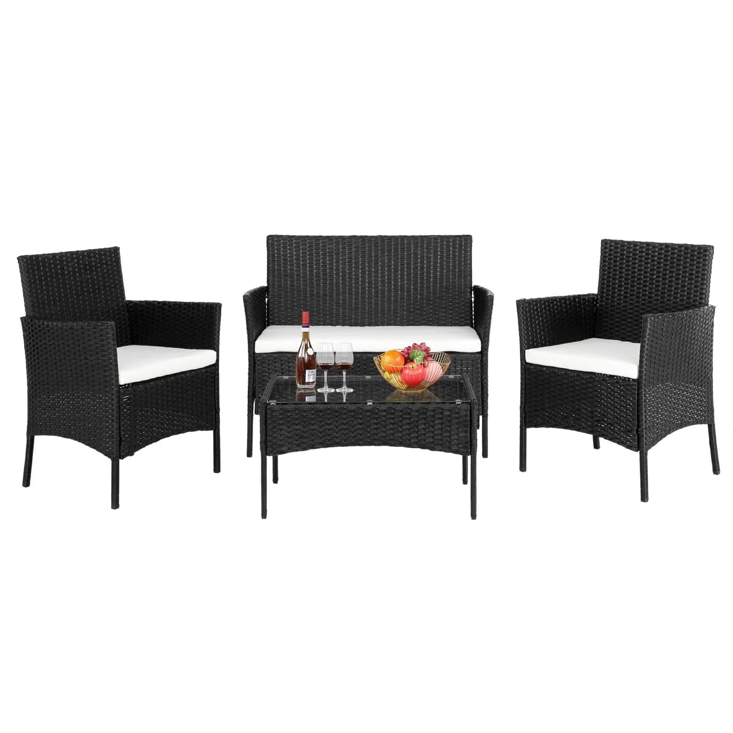 Zimtown 3 Pieces Patio Wicker Furniture, Outdoor Rattan Chat Set with Glass Table and Wicker Chairs, Brown Gradient
