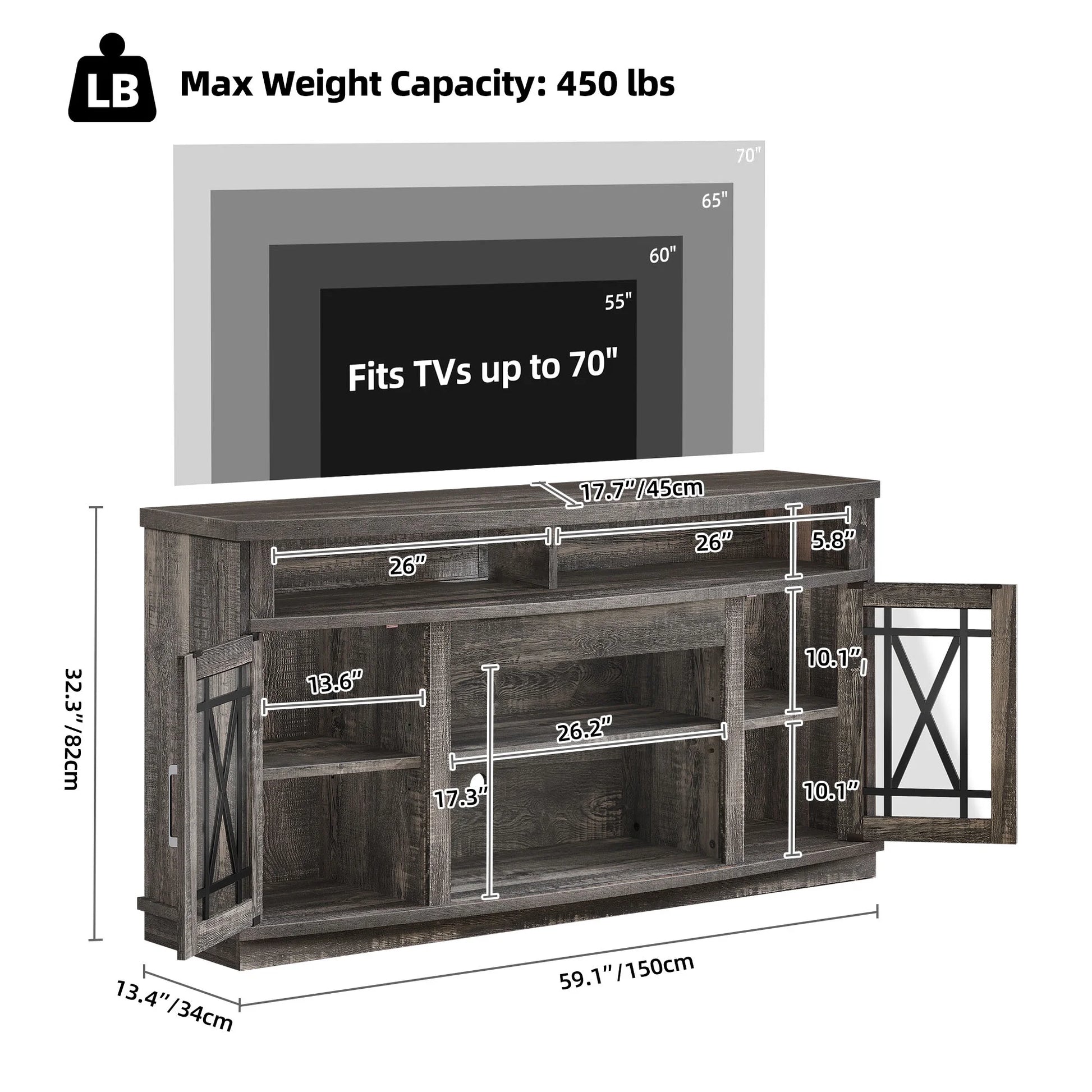 Dextrus TV Stand with LED Lights for TVs up to 70", Entertainment Center Media Console Cabinet with Glass Door, Rustic Gray