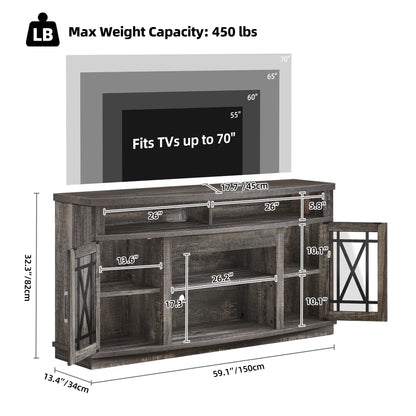 Dextrus TV Stand with LED Lights for TVs up to 70", Entertainment Center Media Console Cabinet with Glass Door, Rustic Gray