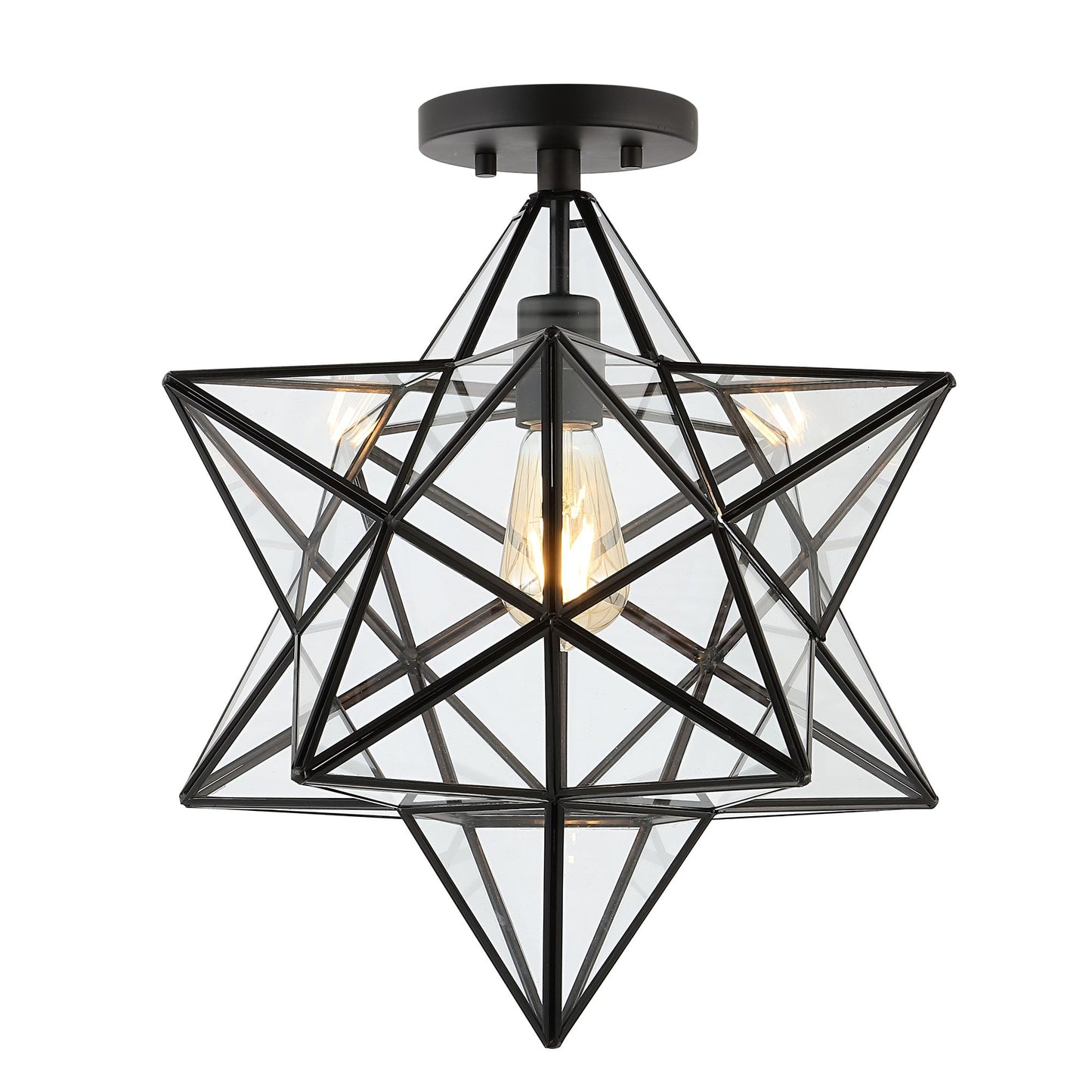 JONATHAN Y Ava 14.5" 1-Light Farmhouse Bohemian Iron/Glass LED Semi Flush Mount, Black/Clear