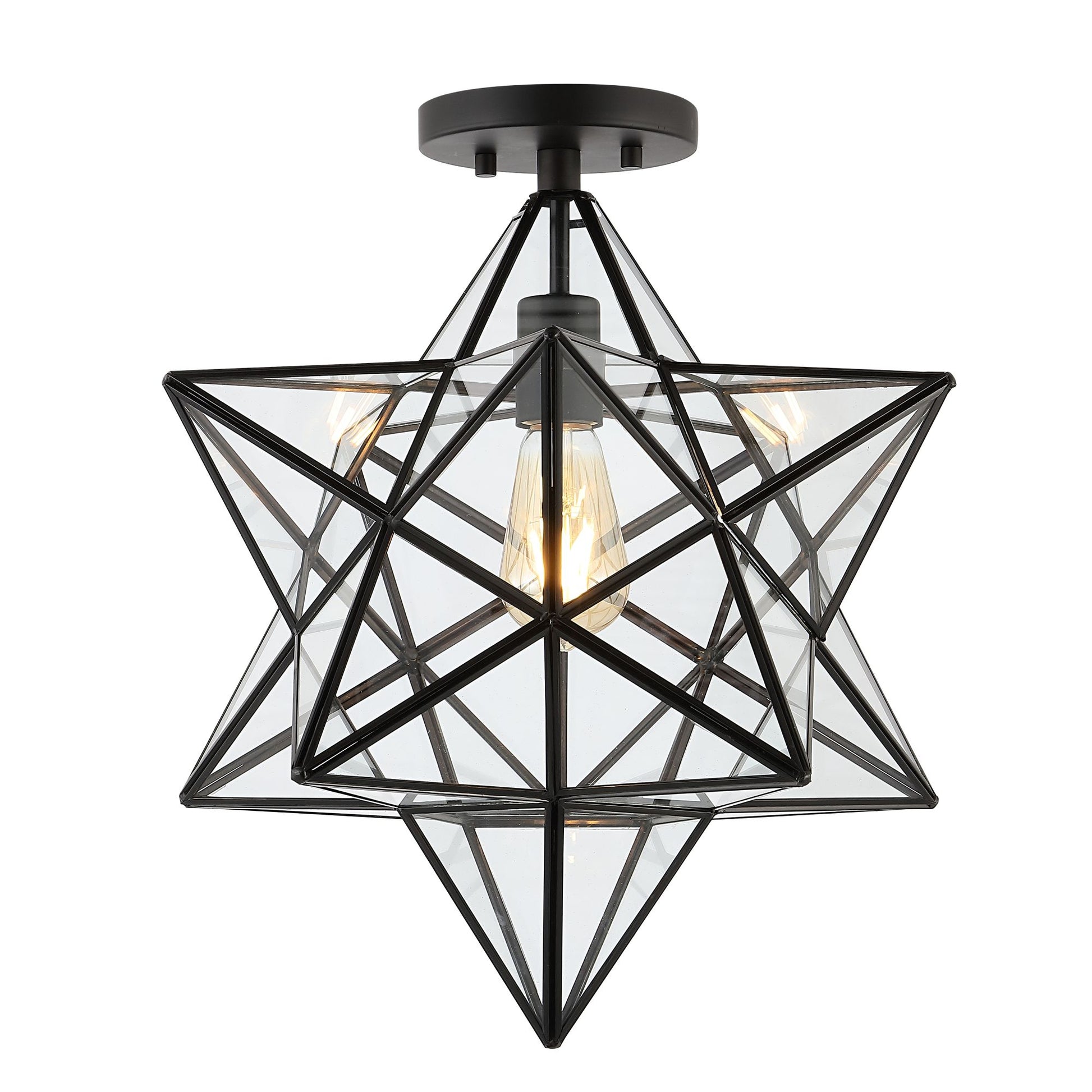 JONATHAN Y Ava 14.5" 1-Light Farmhouse Bohemian Iron/Glass LED Semi Flush Mount, Black/Clear