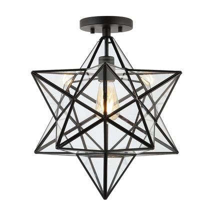 JONATHAN Y Ava 14.5" 1-Light Farmhouse Bohemian Iron/Glass LED Semi Flush Mount, Black/Clear