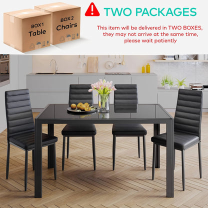 Lofka Glass Dining Table Set for 4, Dining Room Sets with 4 Back Support Chairs for Dinner, Black