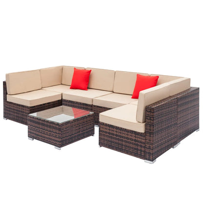 Wicker Patio Sofa Sets, 7 Pieces Outdoor Seating Sets, Lounge Sofa and Tempered Glass Coffee Table, Deck Front Garden Furniture Set, Brown Rattan + Beige Cushion
