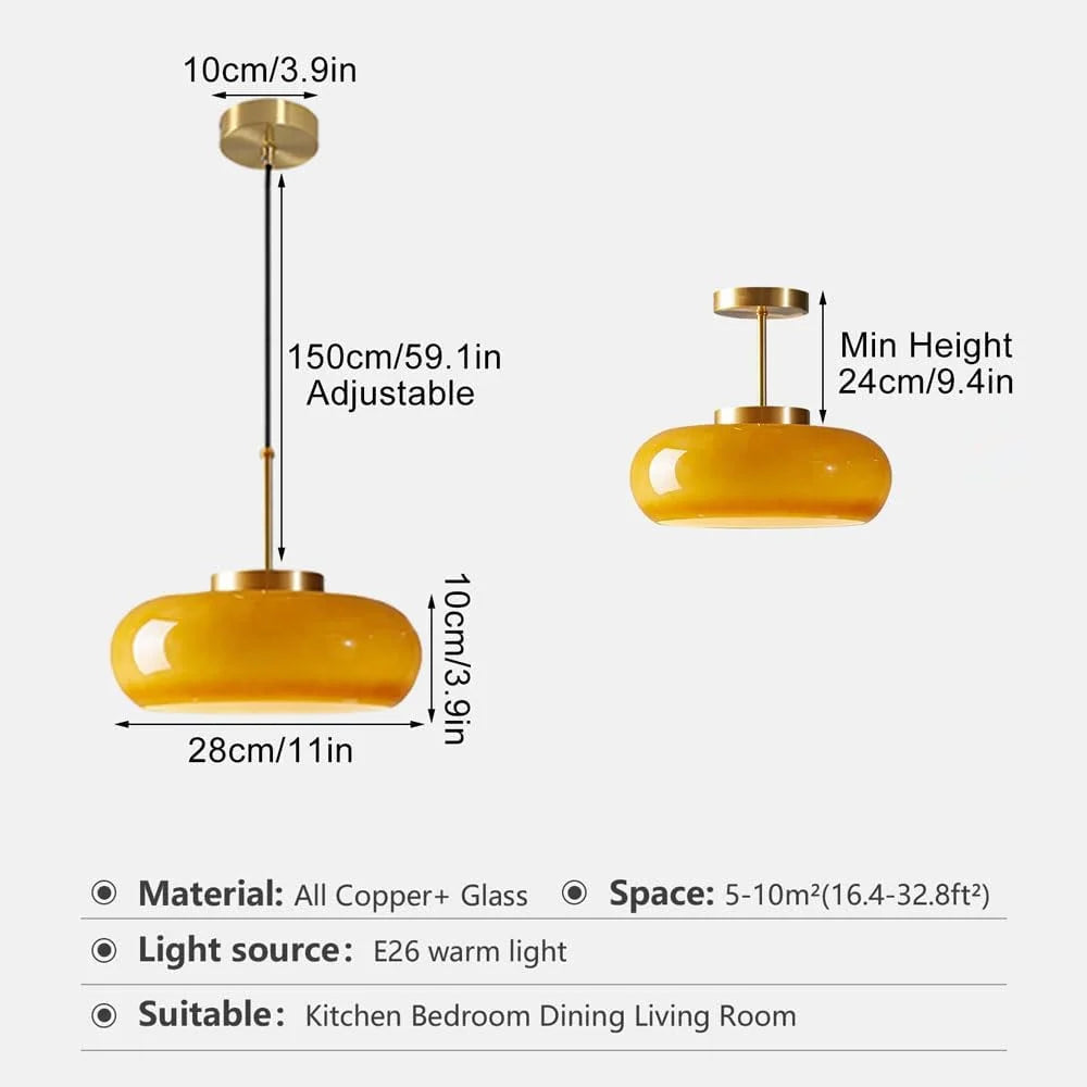 Arturesthome Ceiling Light Fixture Glass Lampshade Pendant Light with Brass Cover Amber Glass Hanging Lamp Vintage Yellow Glass Semi Flush Mount Ceiling Light for Princess Room Cloakroom
