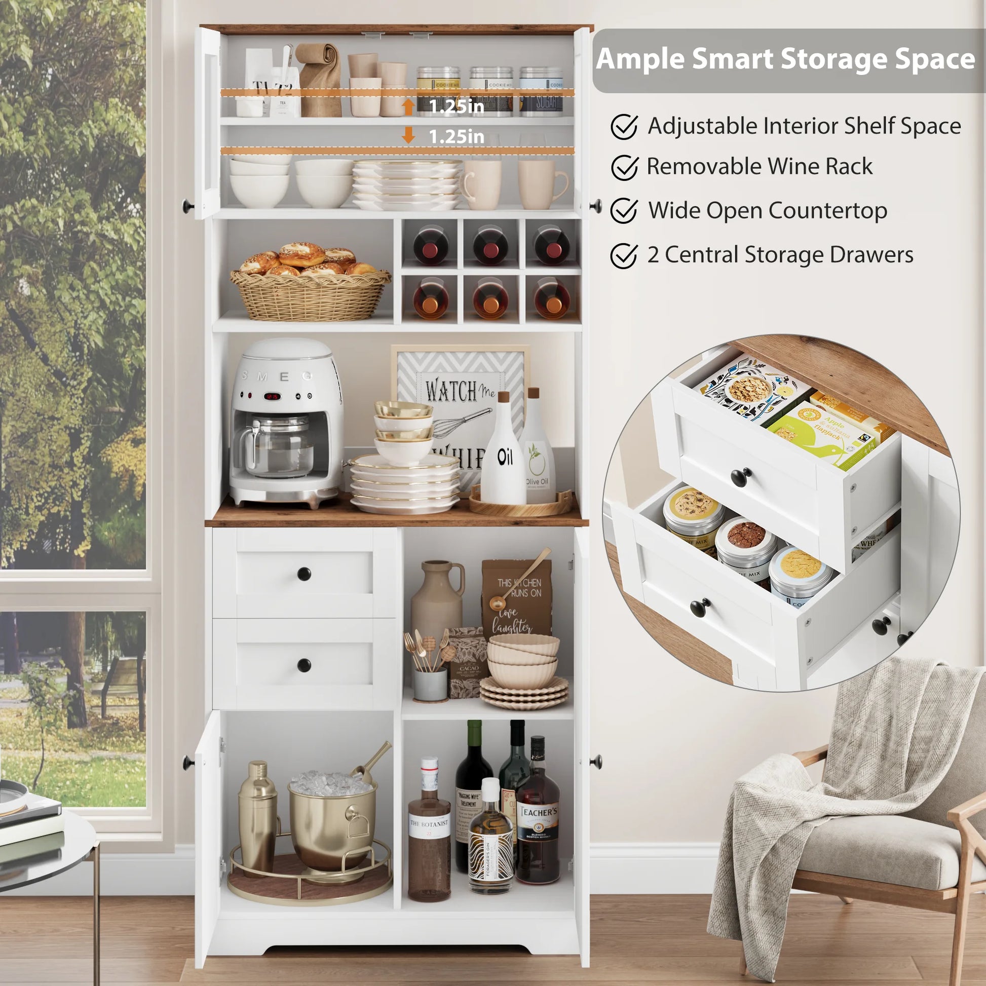 Homfa 75.2'' Kitchen Pantry Storage Cabinet with Wine Rack & Adjustable Shelf, 2 Drawer Modern Farmhouse Buffet with Glass Door for Dining Room Living Room, Black