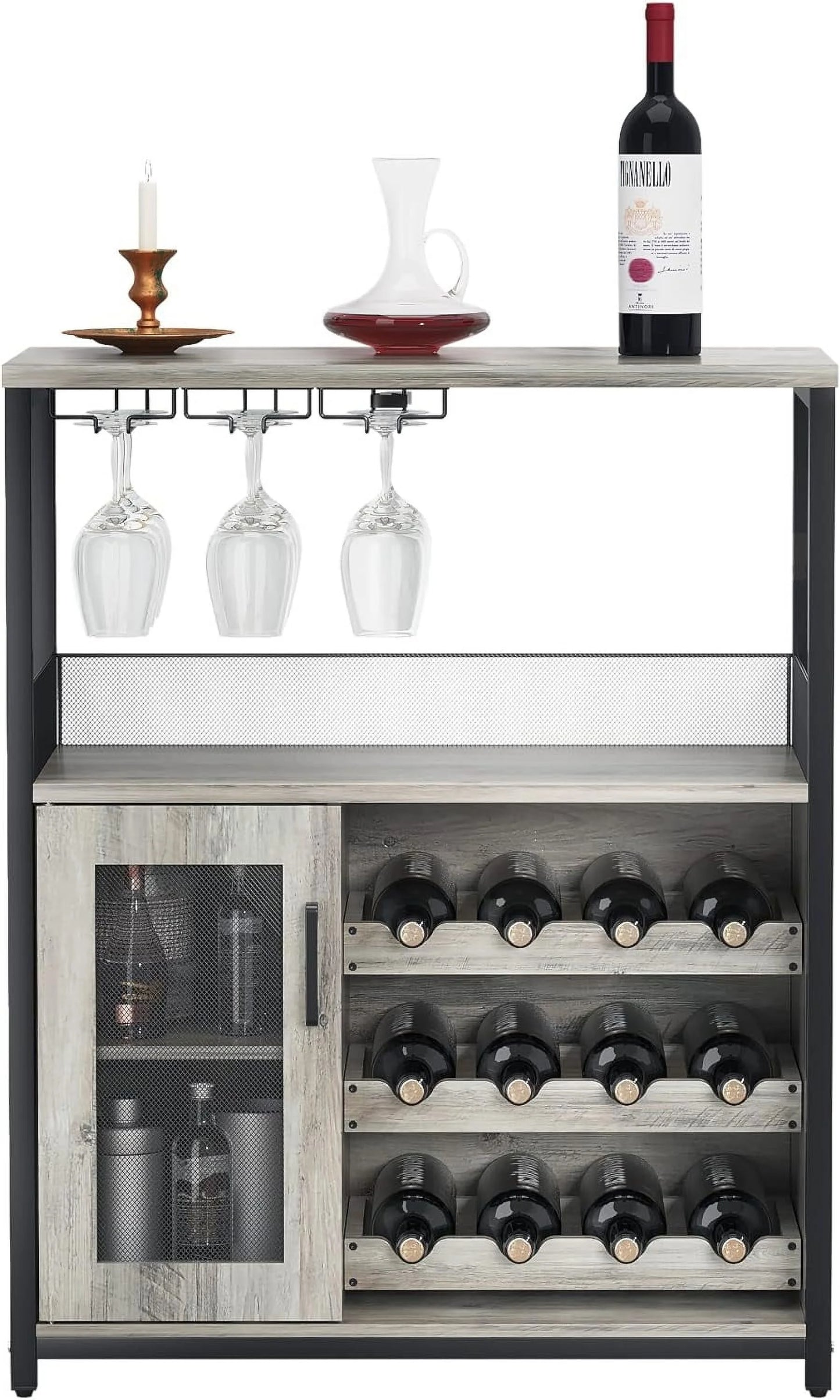 Wine Bar Cabinet, Liquor Storage Cabinet with Detachable Wine Rack, Small Coffee Bar with Glass Holder & Mesh Door, Buffet Sideboard for Dining Room, Kitchen, Living Room, Grey