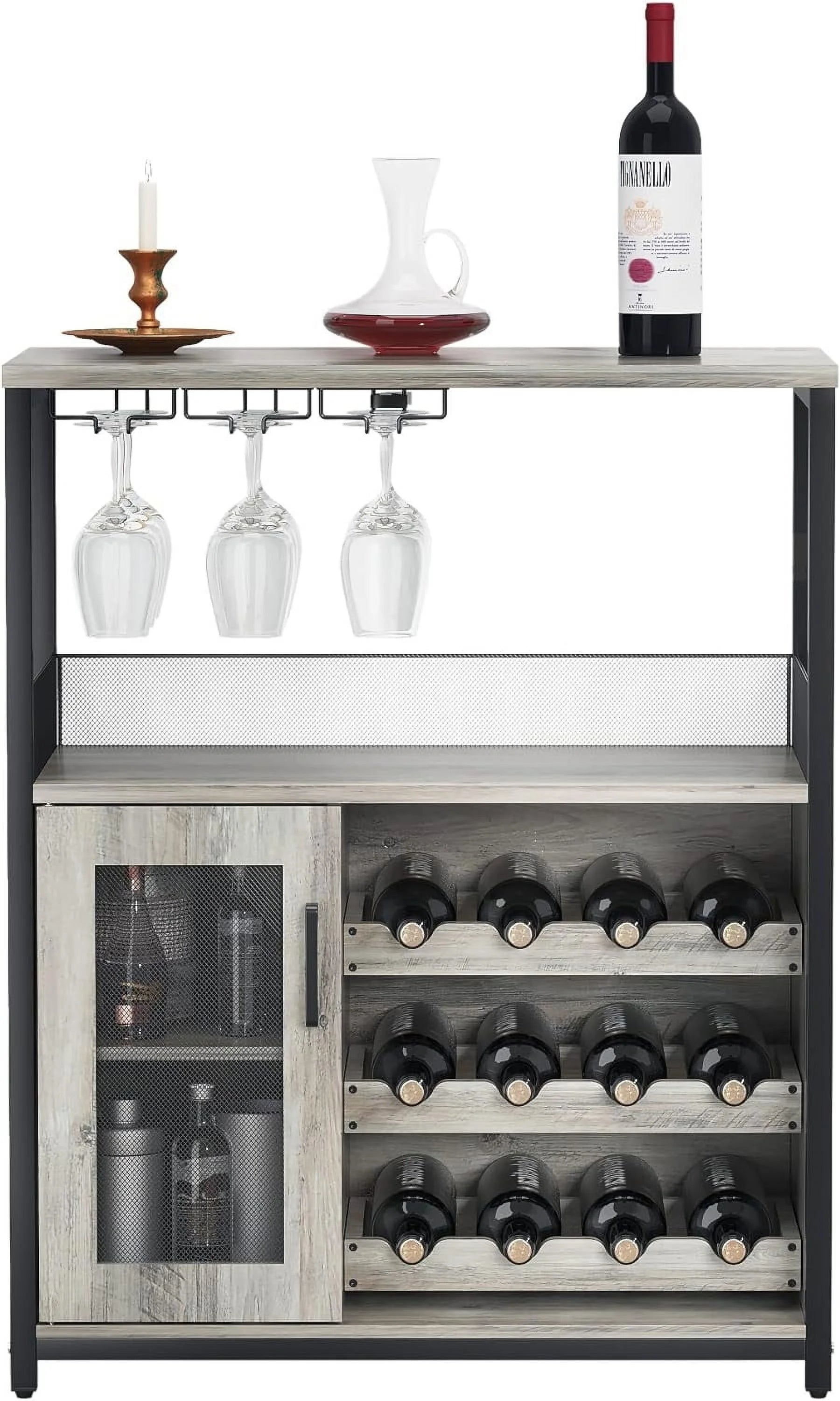 Wine Bar Cabinet, Liquor Storage Cabinet with Detachable Wine Rack, Small Coffee Bar with Glass Holder & Mesh Door, Buffet Sideboard for Dining Room, Kitchen, Living Room, Grey