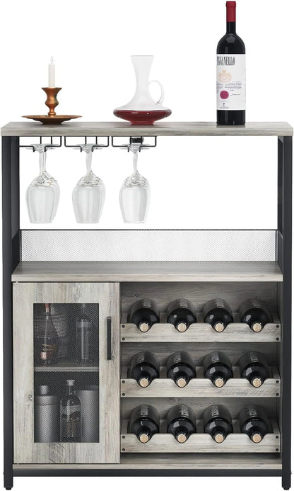 Wine Bar Cabinet, Liquor Storage Cabinet with Detachable Wine Rack, Small Coffee Bar with Glass Holder & Mesh Door, Buffet Sideboard for Dining Room, Kitchen, Living Room, Grey