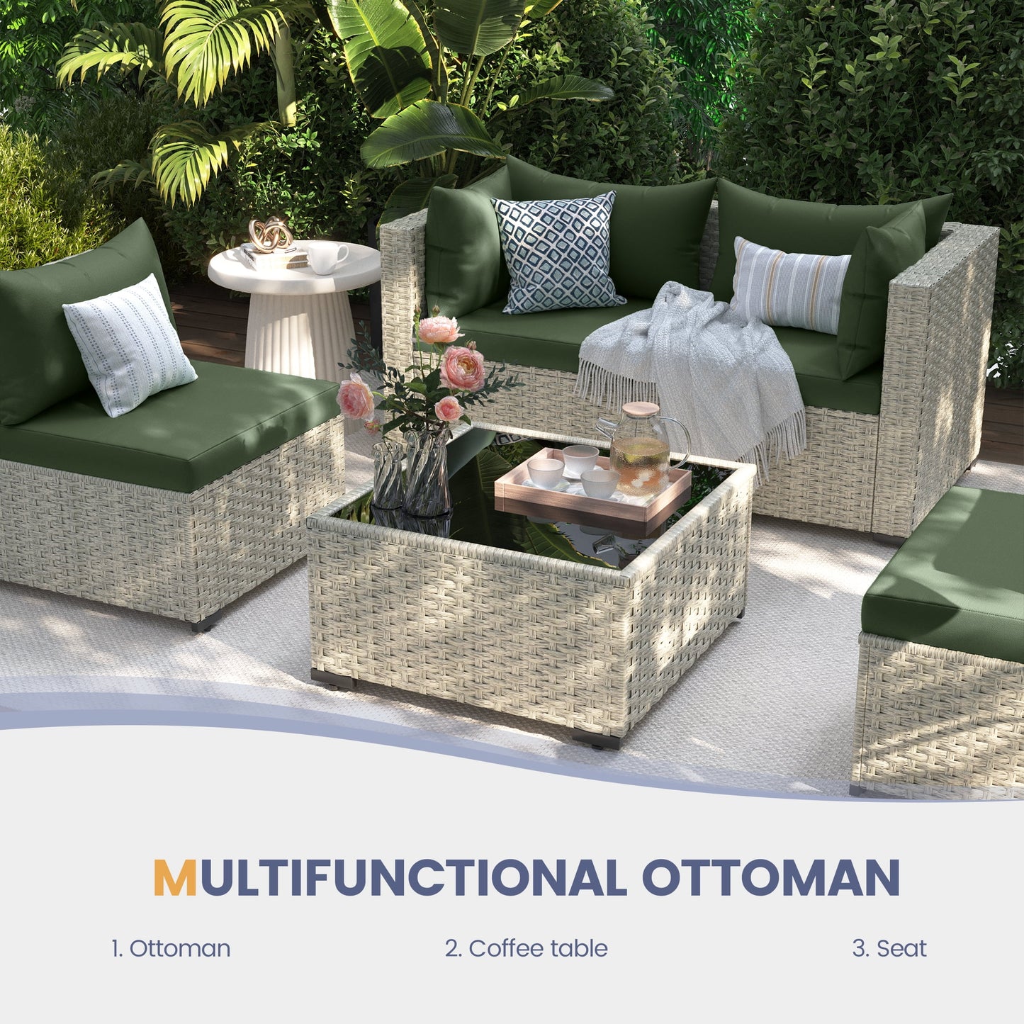 Techmilly 5 Pieces Patio Sectional Sofa PE Rattan Wicker Conversation Sets with Cushions and Glass Table(Green)