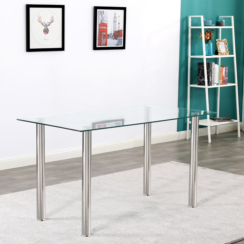PAPROOS Glass Dining Table, Modern Rectangular Dining Room Table, Kitchen Tempered Glass Dining Table with 4 Square Metal Legs, Heavy Duty Dinette Table for 4, Black