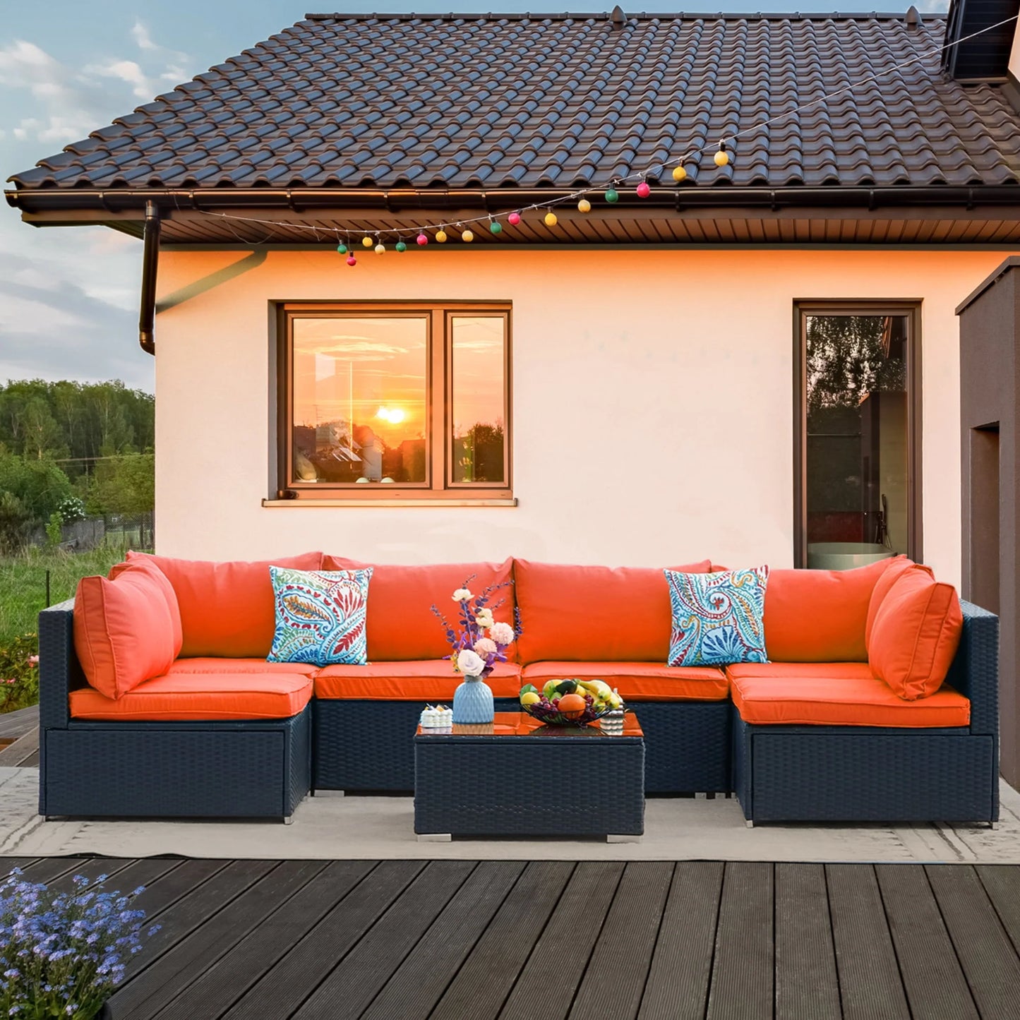 ESSENTIAL LOUNGER 7 Pieces Patio Conversation Set, Outdoor Sectional Sofa PE Rattan Wicker Patio Furniture Set with Cushion and Tempered Glass Table for Patio, Garden& Poolside, Orange