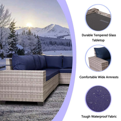 HISUKOY 7-Piece Modular Outdoor Sectional Wicker Patio Conversation Set,Outdoor Couch,All Weather Patio Conversation Sets with Washable Cushions and Glass Table, Rattan Wicker Couch for Garden