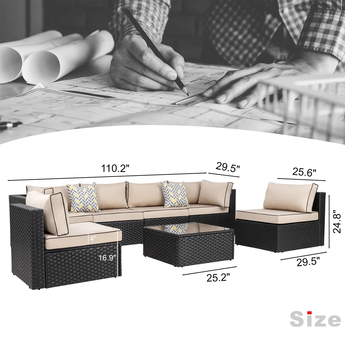 Walsunny 7 Piece Outdoor Patio Conversation Set, Rattan Sectional Sofa Set, All-Weather Outdoor Modern Sectional Furniture Wicker Couch with Glass Coffee Table,Navy Blue