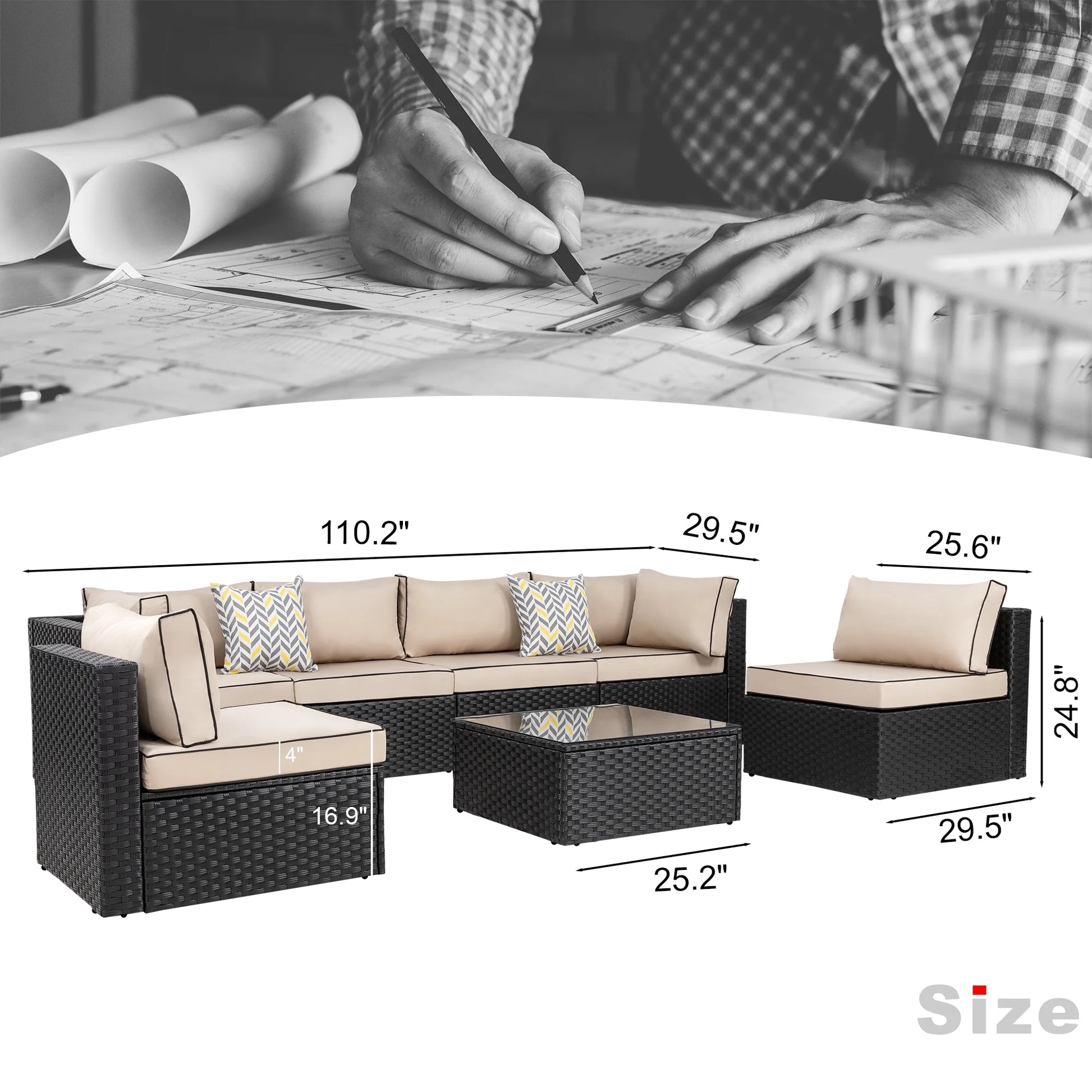 Walsunny 7 Piece Outdoor Patio Conversation Set, Rattan Sectional Sofa Set, All-Weather Outdoor Modern Sectional Furniture Wicker Couch with Glass Coffee Table,Navy Blue
